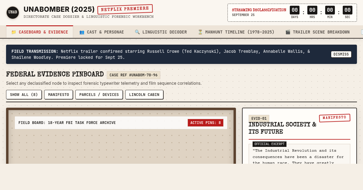 UNABOMBER (2025) — Official Film Dossier & Investigative Workbench preview