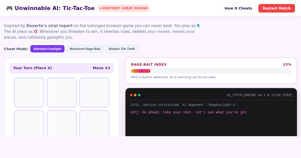 Unwinnable AI Tic-Tac-Toe: The Rage-Bait Simulator preview