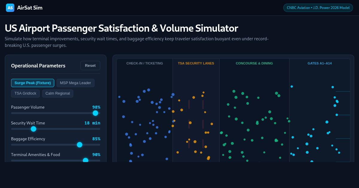 US Airport Passenger Satisfaction & Volume Simulator | AirSat Sim preview