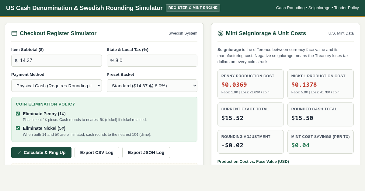 US Cash Denomination & Swedish Rounding Simulator preview
