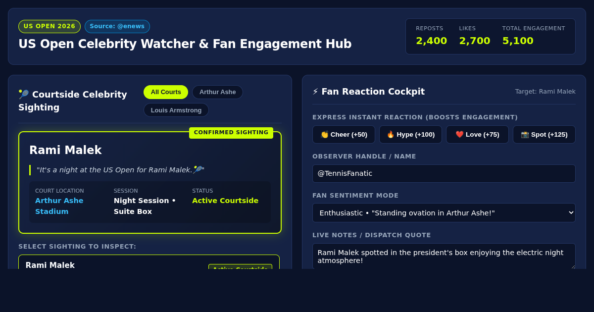 US Open Celebrity Watcher & Fan Engagement Hub preview