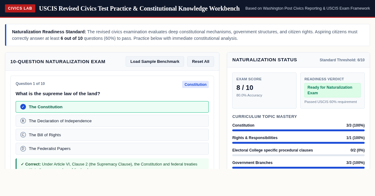 USCIS Revised Civics Test Practice & Constitutional Knowledge Workbench preview