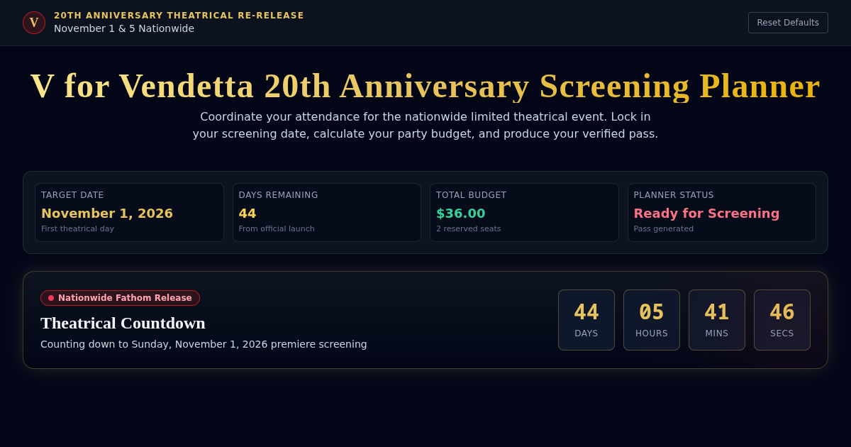 V for Vendetta 20th Anniversary Screening Planner preview