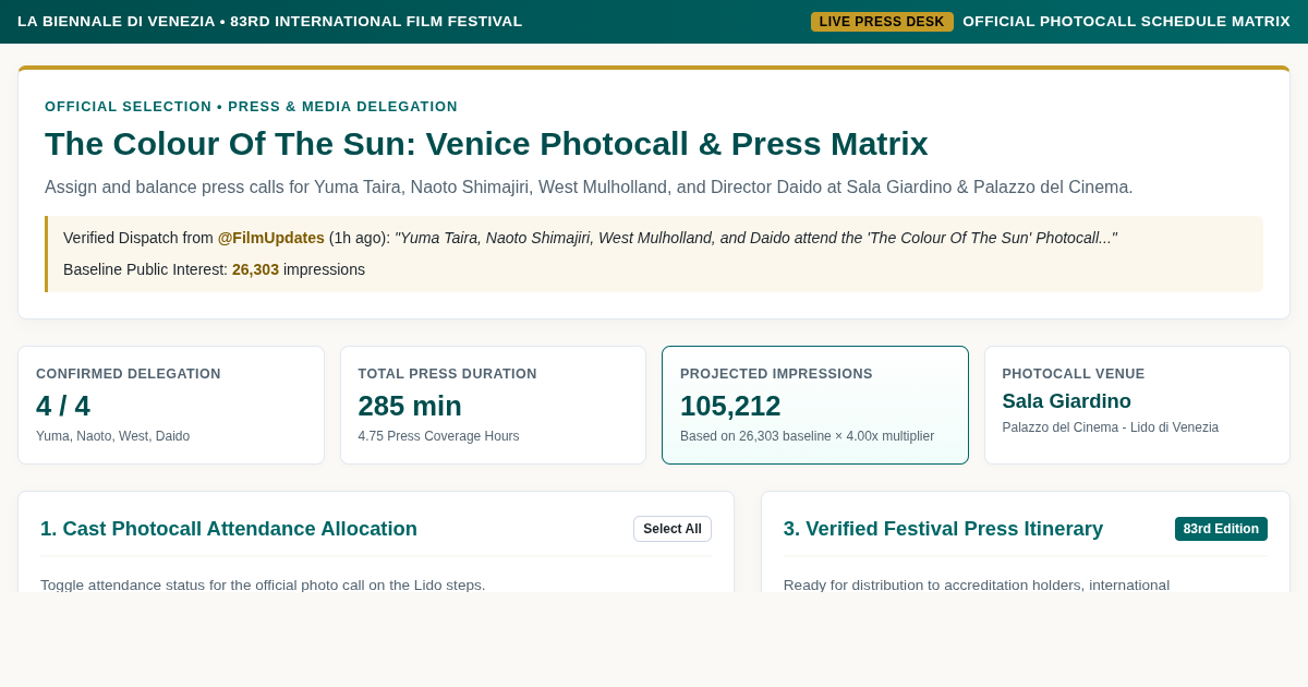 The Colour Of The Sun | 83rd Venice Photocall Planner & Press Matrix preview
