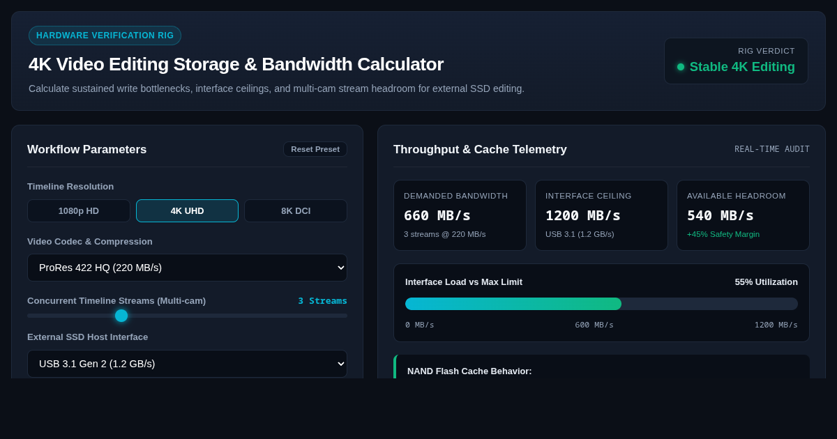 4K Video Editing Storage & Bandwidth Calculator preview