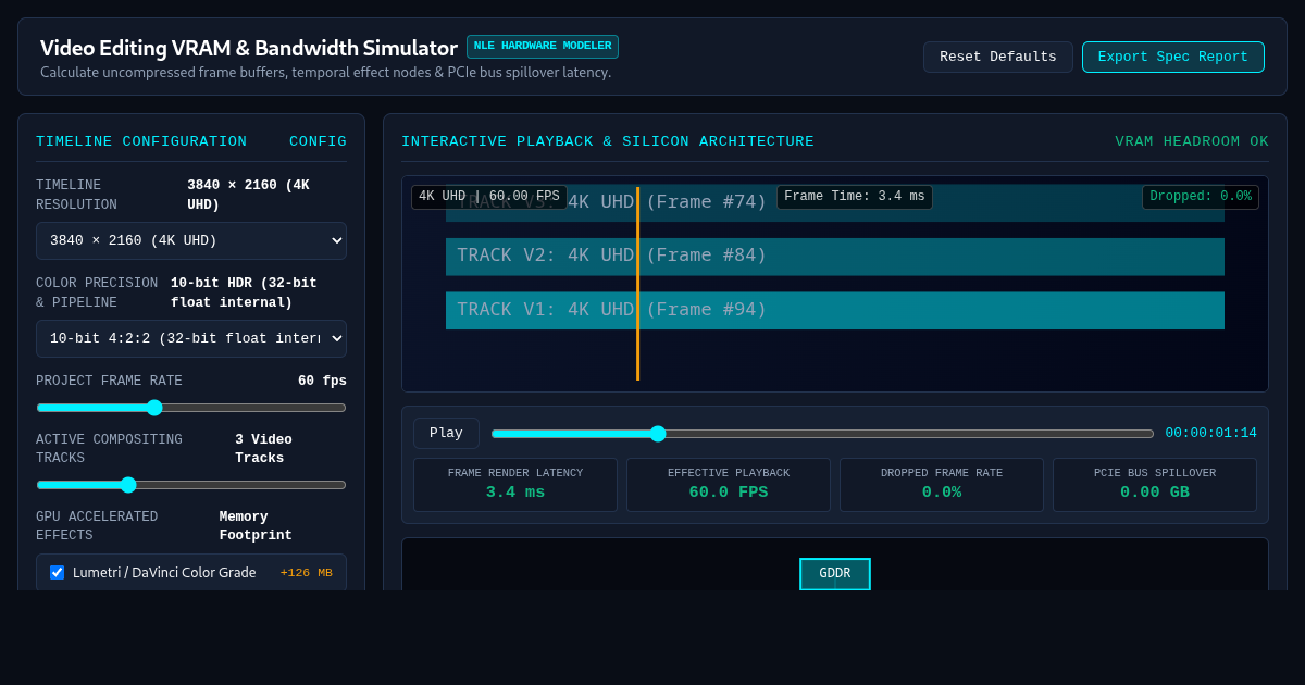 Video Editing VRAM & Timeline Bandwidth Simulator preview