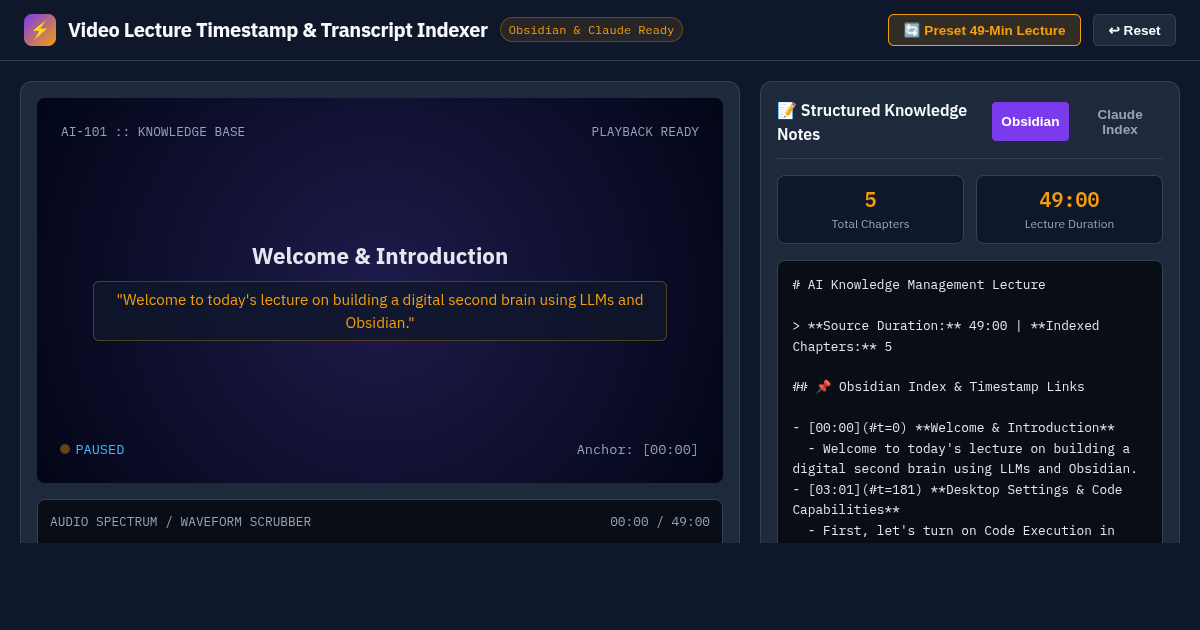 Video Lecture Timestamp & Transcript Indexer preview