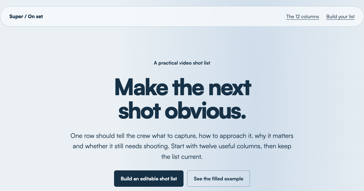 Video shoot shot list template: 12 columns and XLSX builder | Super preview