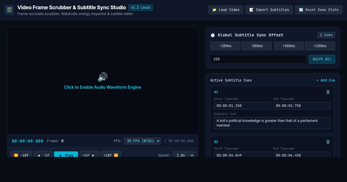Browser Video Frame Scrubber & Subtitle Sync Studio preview