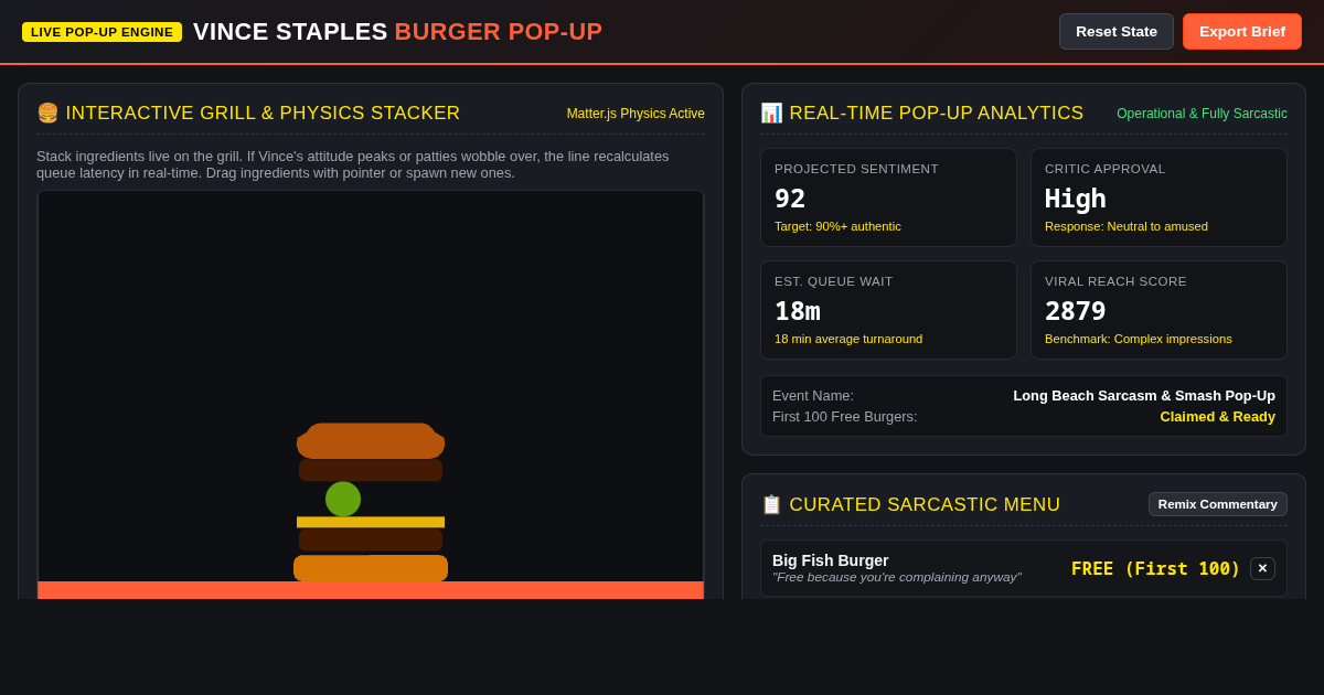 Vince Staples Burger Pop-Up Simulator & Menu Planner preview