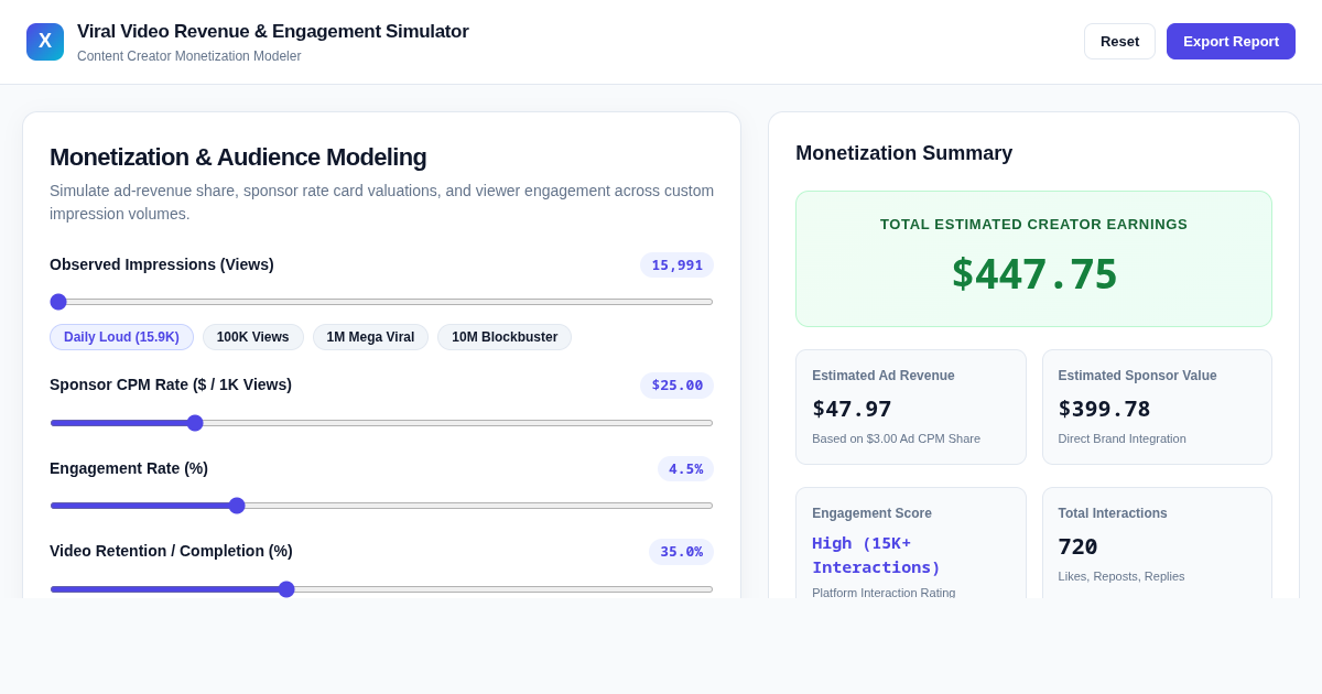 Viral Video Revenue & Engagement Simulator preview