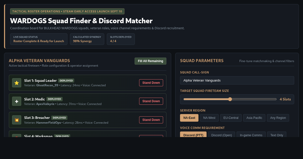 Wardogs Squad Finder & Discord Roster Matcher preview
