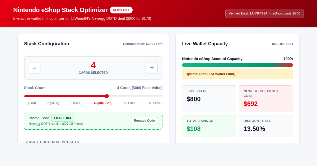 Wario64 Nintendo eShop Stack Optimizer & Deal Calculator preview