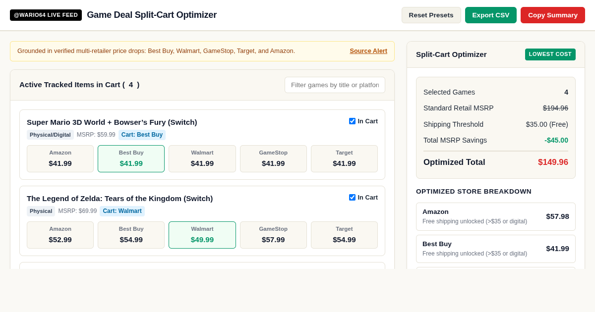 Wario64 Game Deal Price Tracker & Split-Cart Optimizer preview