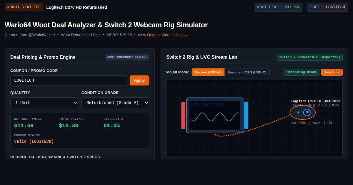 Wario64 Woot Deal Analyzer & Switch 2 Webcam Rig Simulator preview