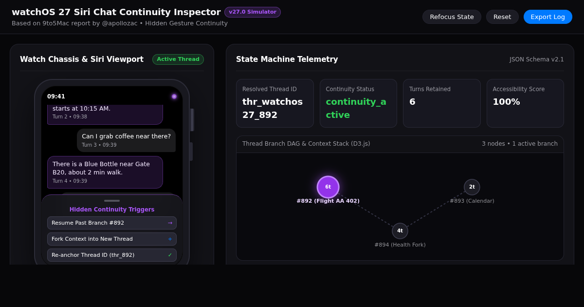 watchOS 27 Siri Chat Inspector & Continuity Simulator preview