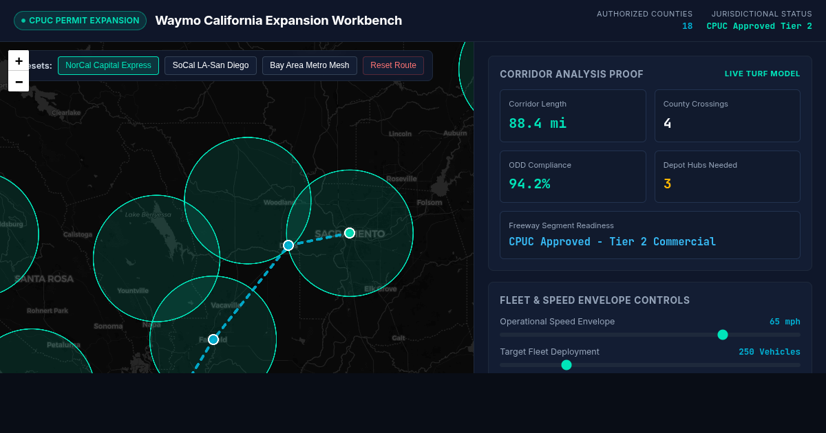 Waymo California 18-County CPUC Expansion Map & Regional Readiness Workbench preview