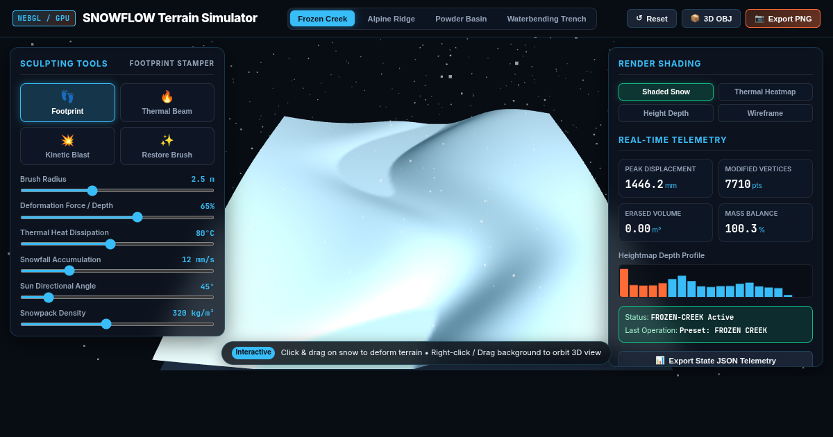 SNOWFLOW: Interactive WebGPU Snow & Terrain Deformation Simulator preview