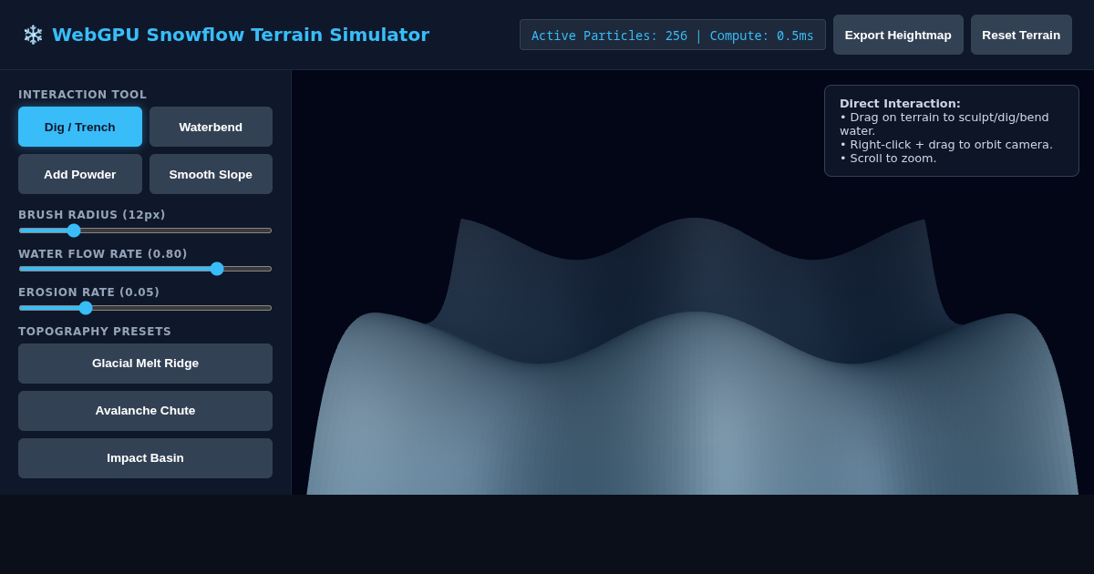 WebGPU Snowflow Terrain Deformation Simulator preview