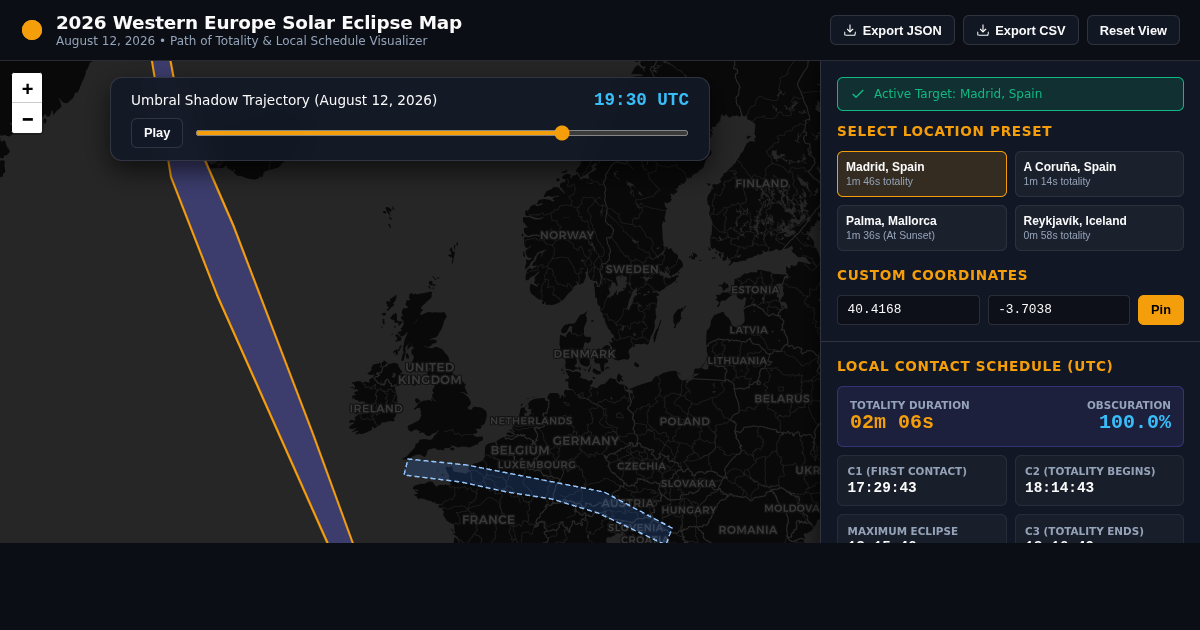 2026 Western Europe Solar Eclipse Interactive Map & Local Timing Visualizer preview