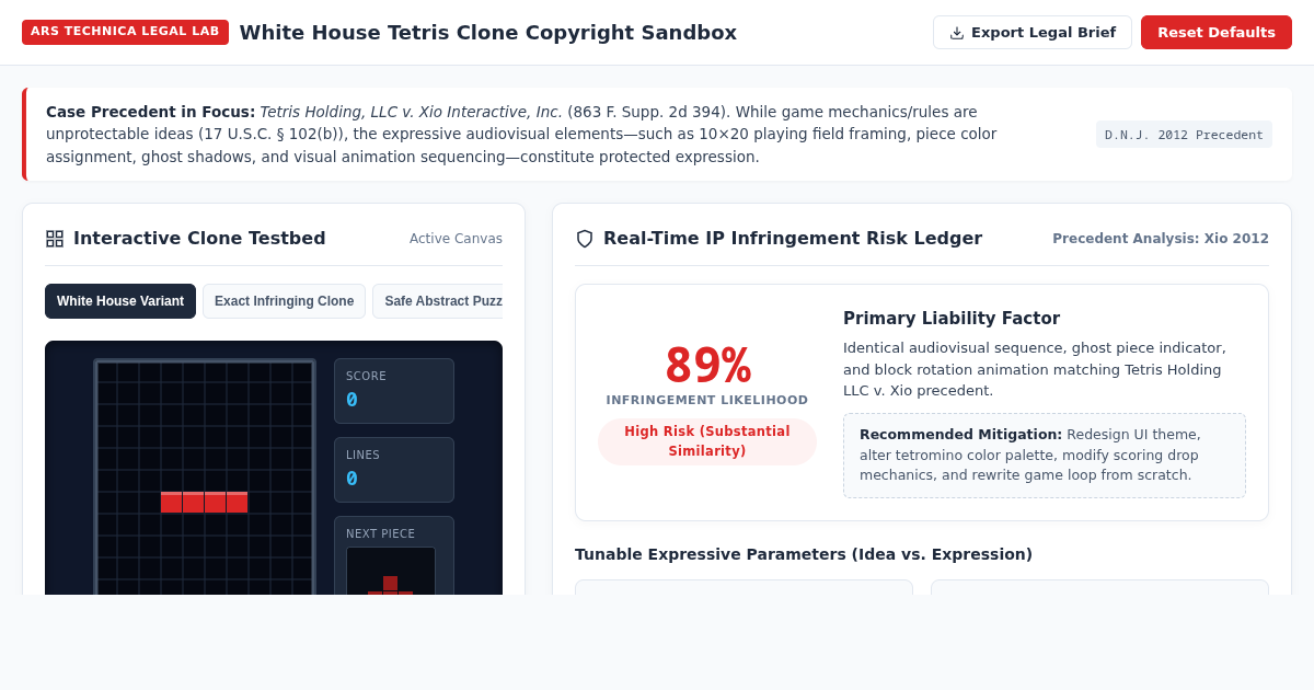 White House Tetris Clone Copyright & Derivative Risk Sandbox preview