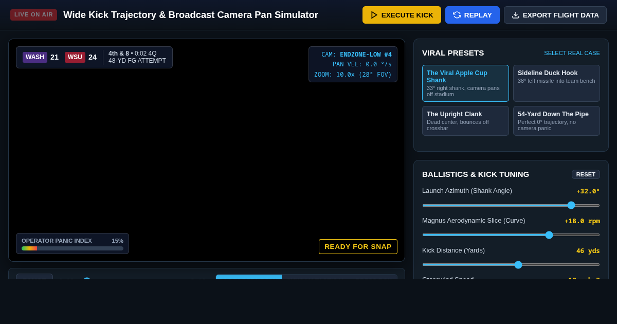 Wide Kick Trajectory & Broadcast Camera Pan Simulator preview
