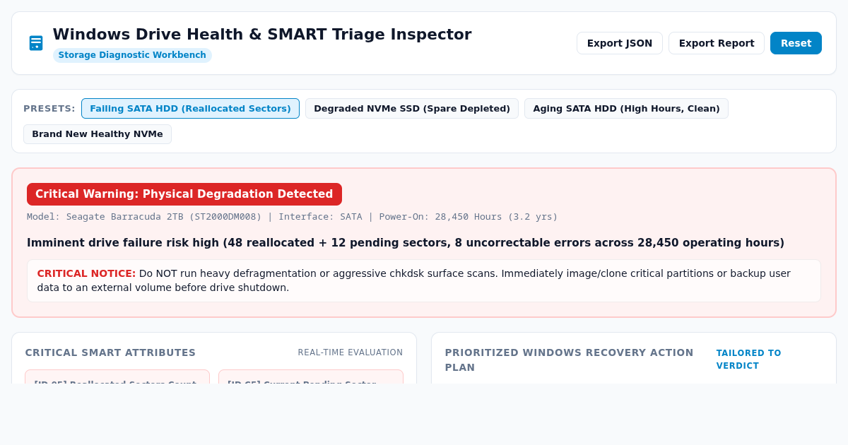 Windows Drive Health & SMART Triage Inspector preview