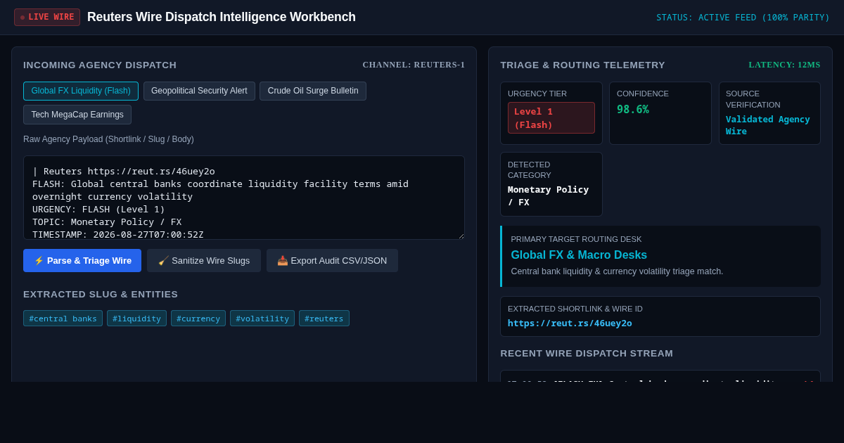 Reuters Wire Dispatch Intelligence Workbench preview