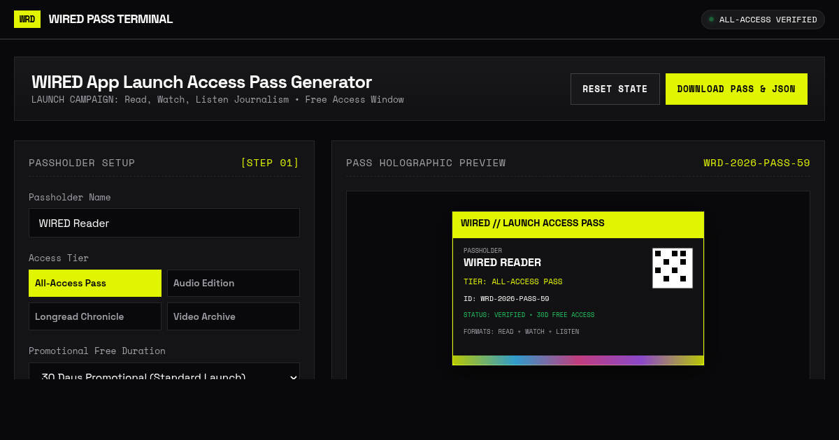 WIRED App Launch Access Pass Generator preview