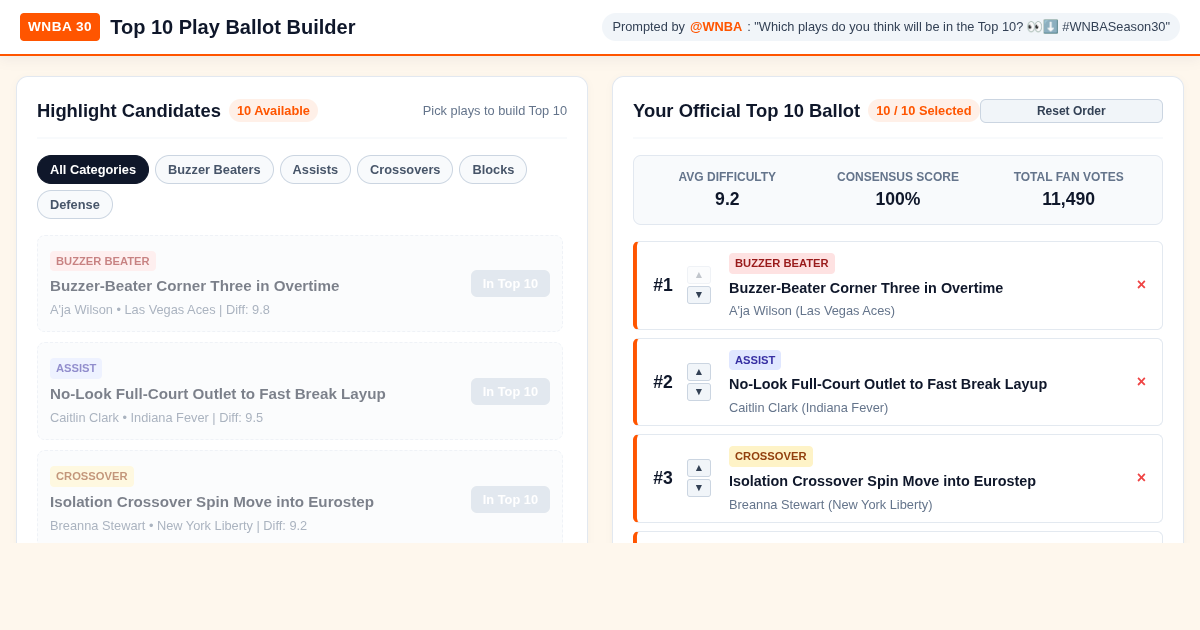 WNBA Season 30 Top 10 Play Builder & Fan Ballot preview