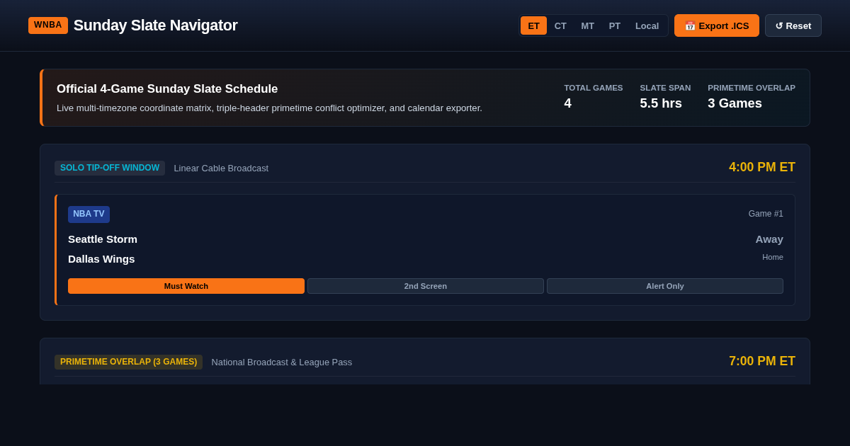 WNBA Sunday Slate Broadcast & Matchup Navigator preview