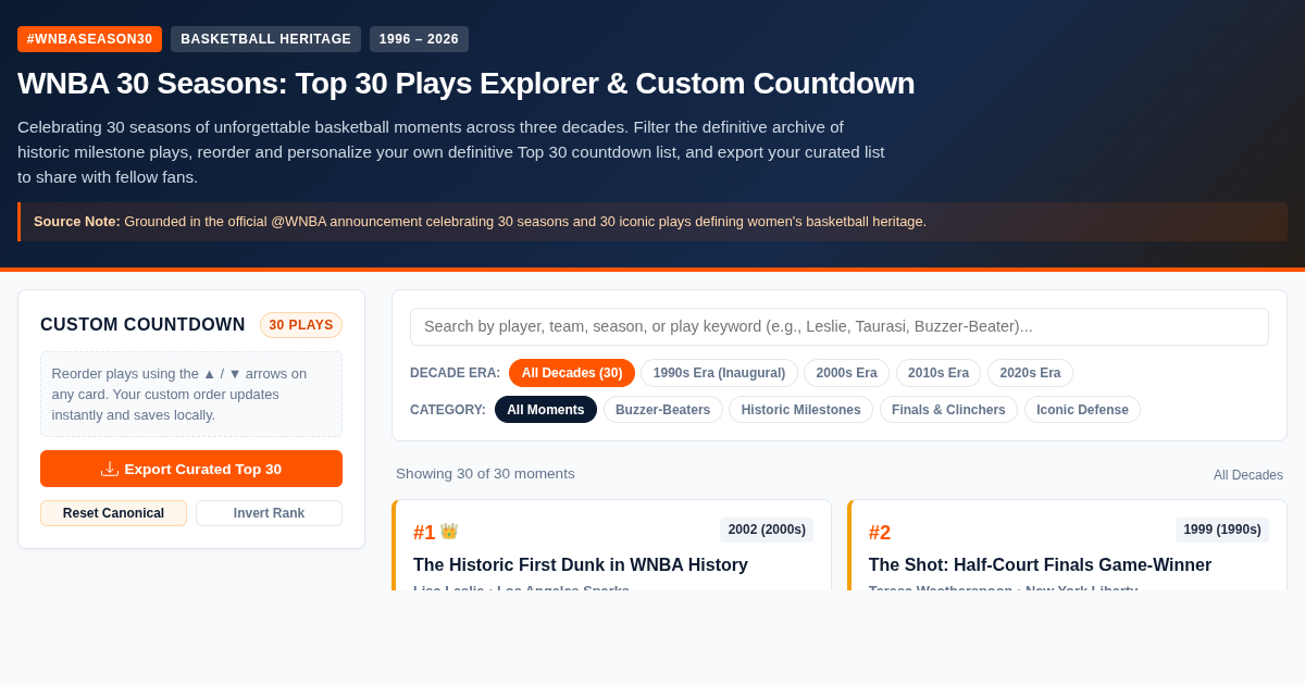 WNBA 30 Seasons: Top 30 Plays Explorer & Custom Countdown preview