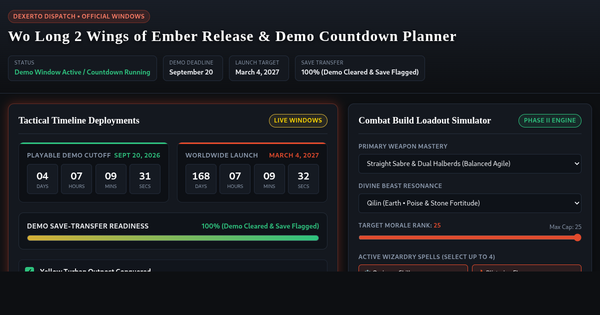 Wo Long 2 Wings of Ember Release & Demo Countdown Planner preview