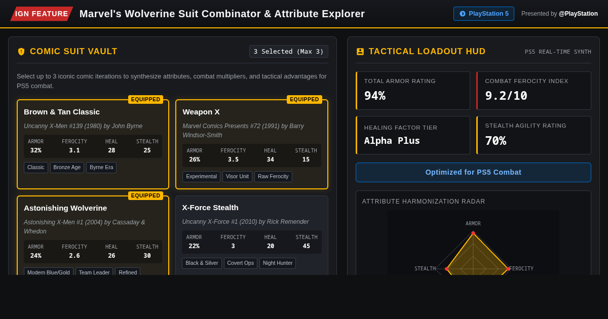 Marvel's Wolverine Suit Combinator & Attribute Explorer | PS5 Loadout Studio preview
