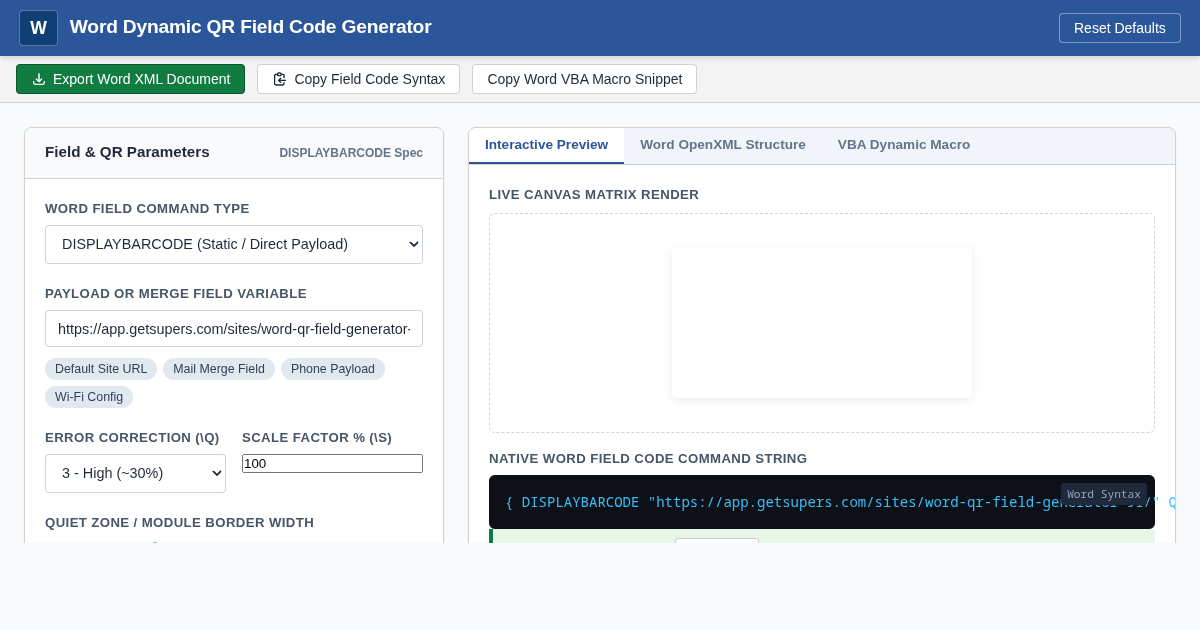 Word Dynamic QR Field Code Generator preview