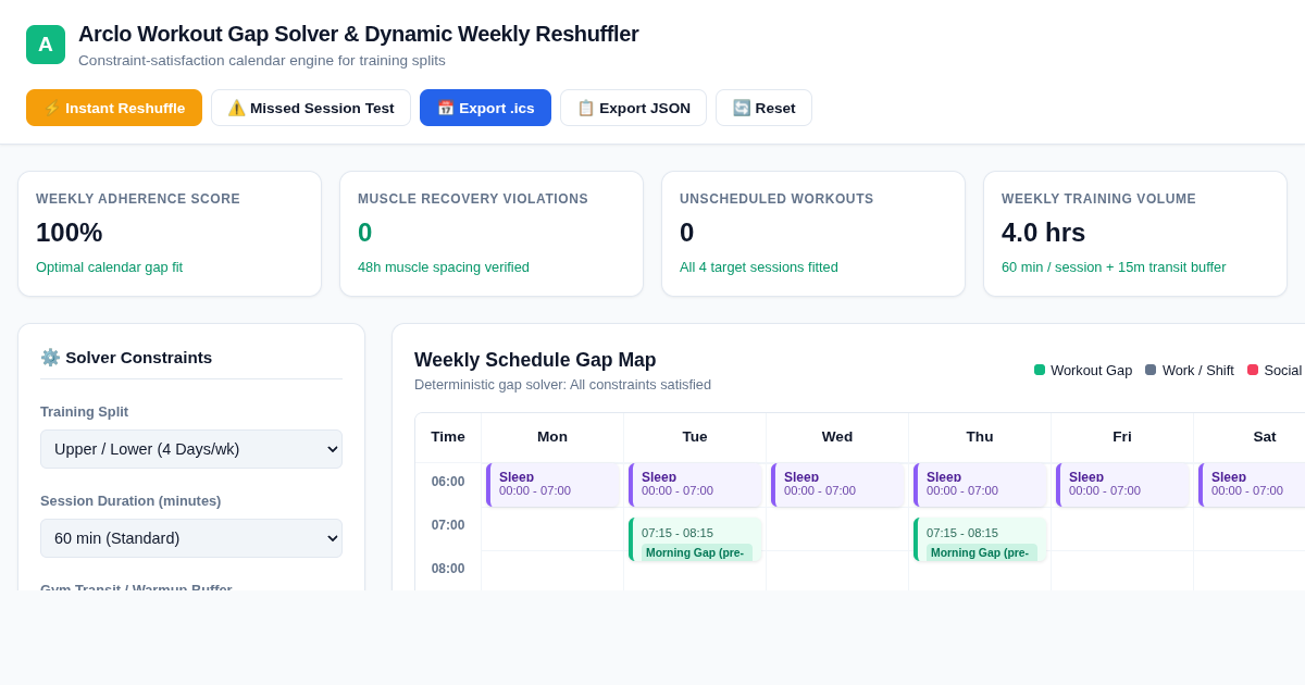 Arclo Workout Gap Solver & Dynamic Weekly Reshuffler preview