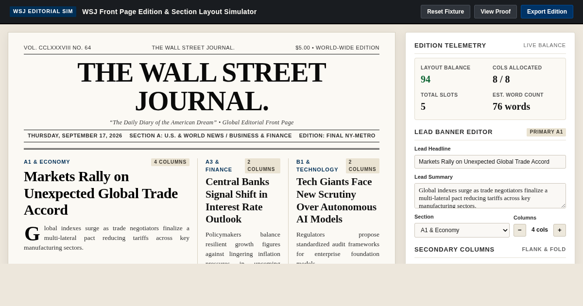 WSJ Front Page Edition & Section Layout Simulator preview