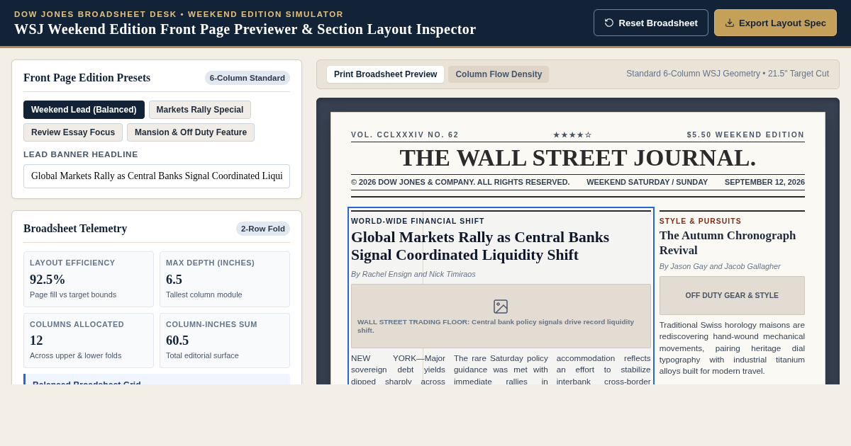 WSJ Weekend Edition Front Page Previewer & Section Layout Inspector preview