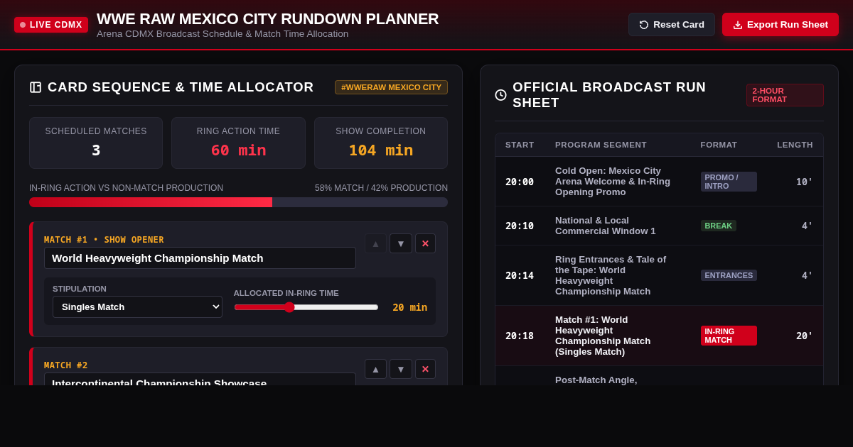 WWE Raw Mexico City Rundown Planner | Broadcast Run Sheet preview