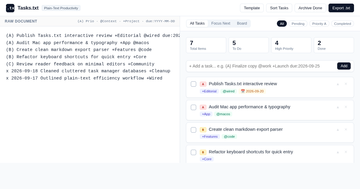 Tasks.txt — Minimalist Plain-Text Task Studio preview