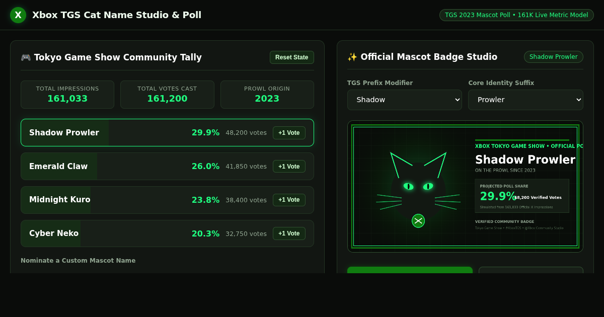 Xbox TGS Cat Name Generator & Poll Simulator preview