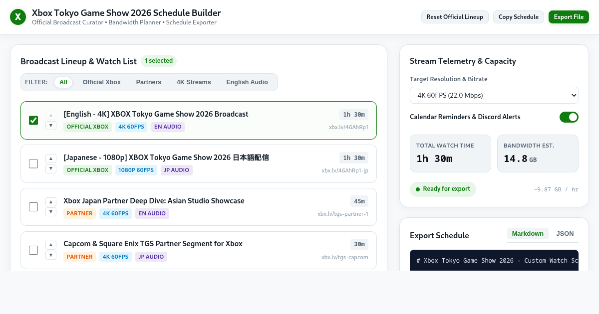 Xbox Tokyo Game Show 2026 Schedule & Announcement Builder preview