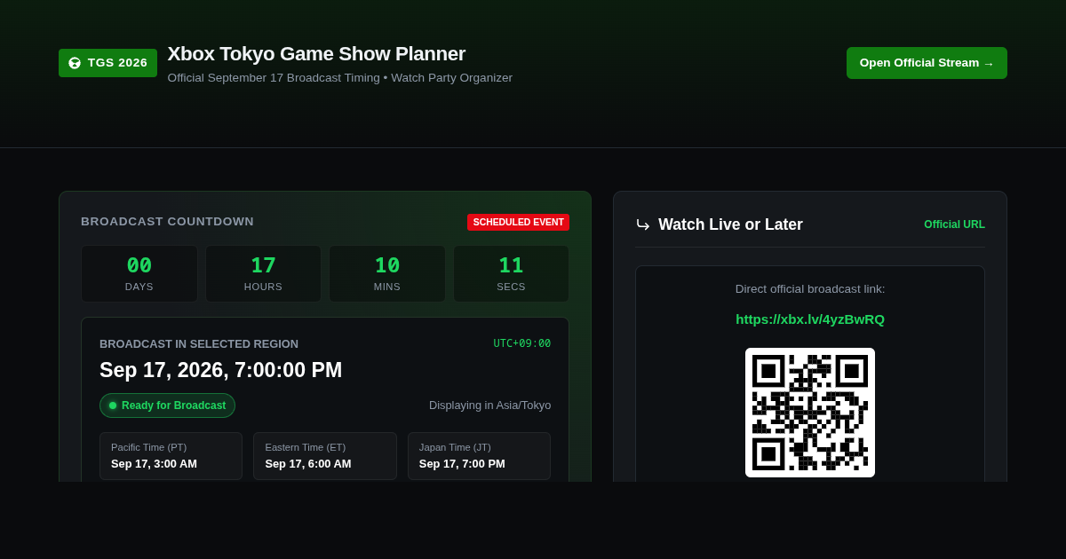 Xbox Tokyo Game Show 2026 Broadcast Timezone & Schedule Planner preview