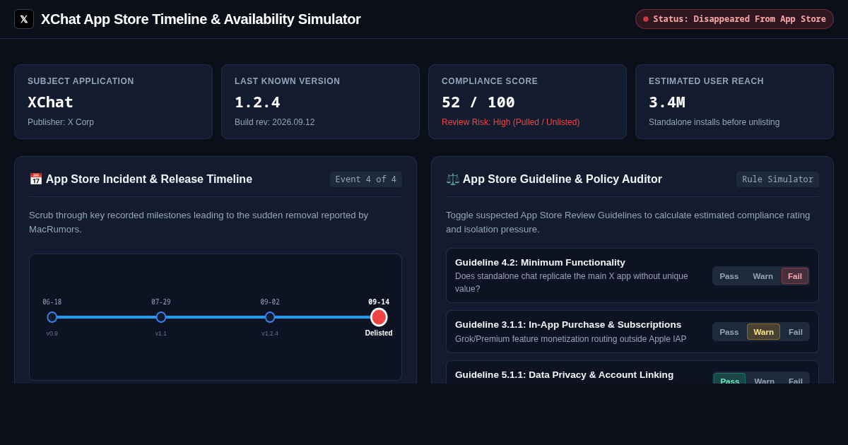 XChat App Store Timeline & Availability Simulator preview