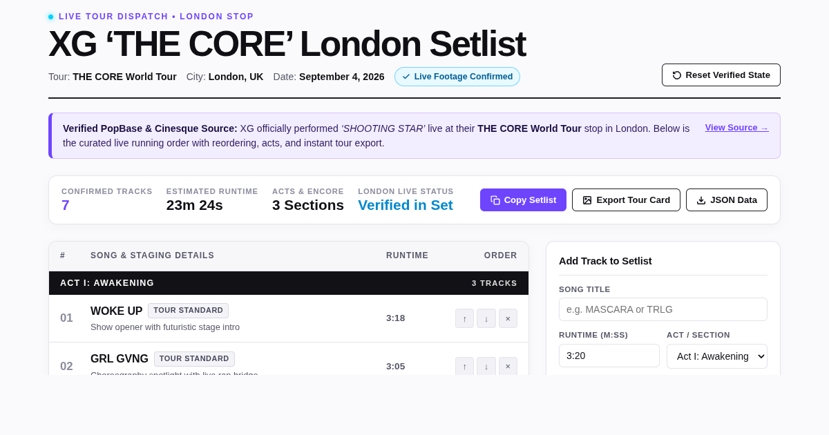 XG 'THE CORE' World Tour London Setlist Tracker & Live Editor preview