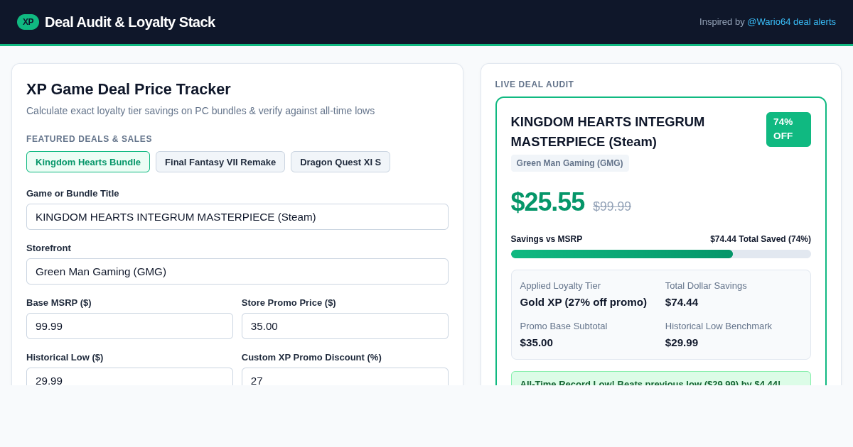 XP Game Deal Price Tracker & Loyalty Discount Calculator preview
