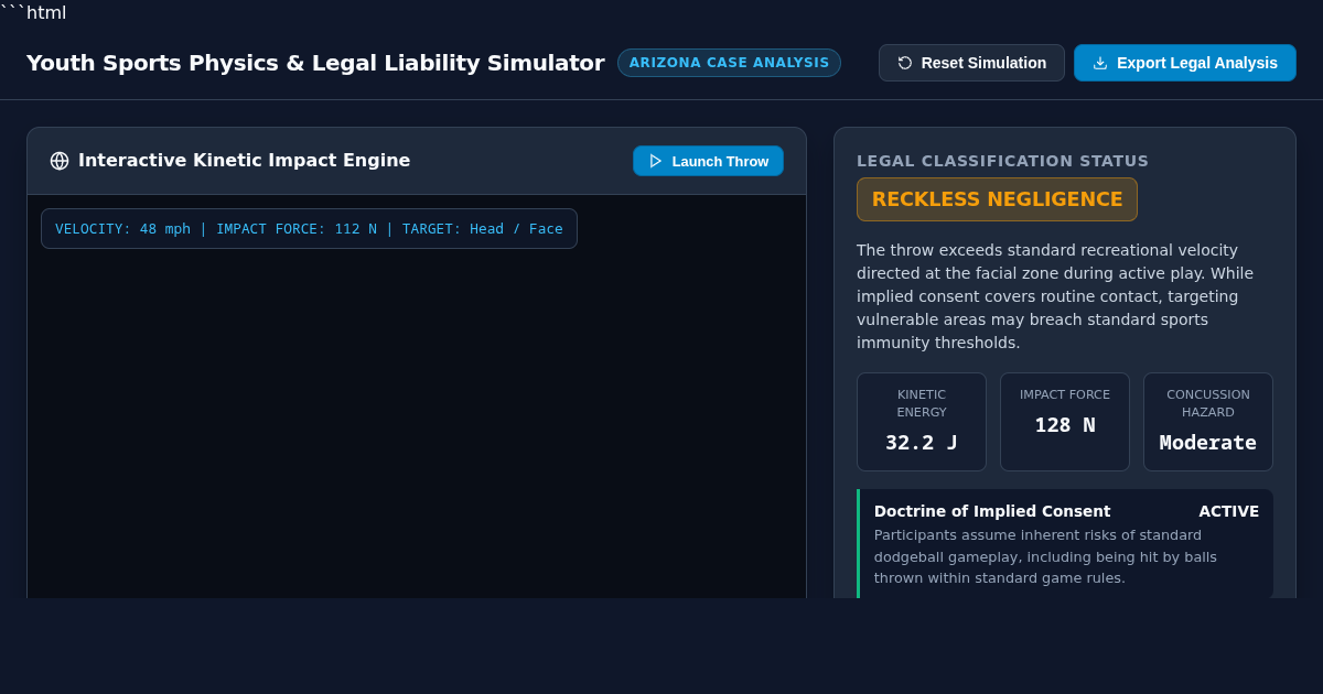 Youth Sports Physics & Legal Liability Simulator | Arizona Dodgeball Case Explorer preview
