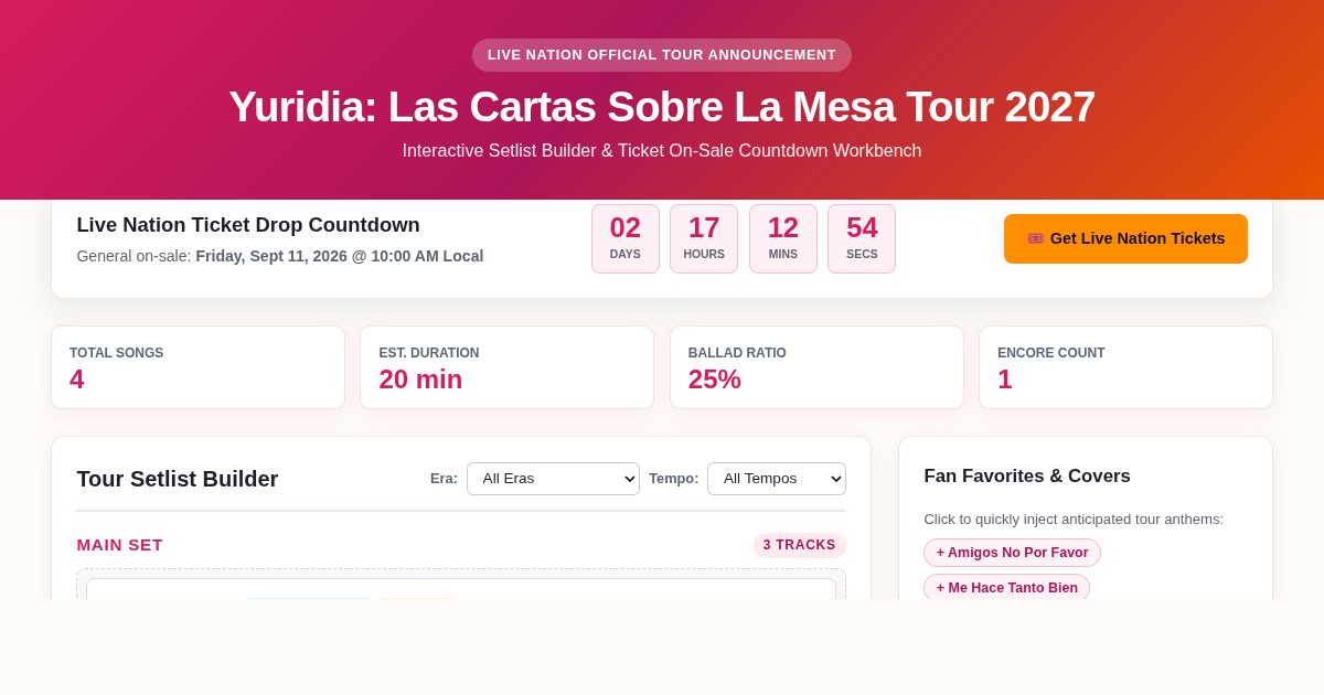 Yuridia Las Cartas Sobre La Mesa Tour 2027 Setlist Planner & Ticket Countdown preview